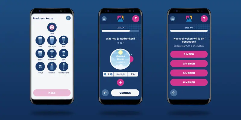 Three screens showing the alcohol consumption setup: a grid overlay to select specific drinks (like bier, wijn, sterk), Step 3 of 4 to log the specific amount (1 “bier light” of 25 cl), and Step 4 of 4 to select a tracking duration from 1 to 4 weeks.