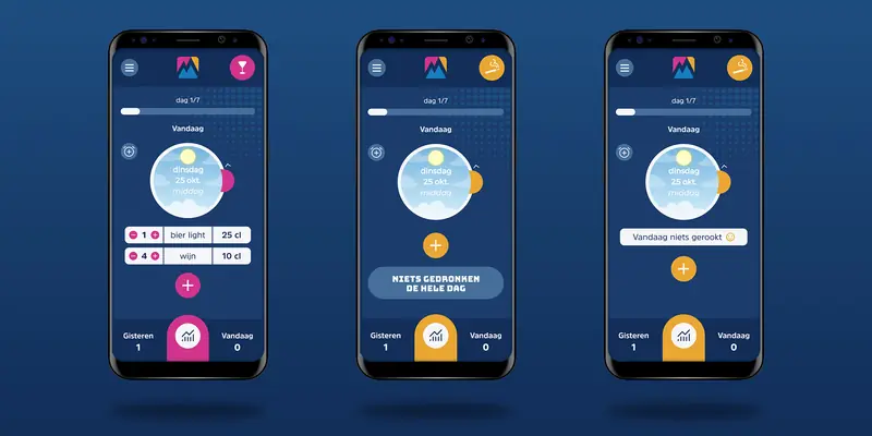 Three variations of the daily dashboard interface: the left shows logged alcohol entries (1 light beer and 4 glasses of wine), the centre shows the “sober today” button for alcohol, and the right shows a cigarette tracking screen confirming “Vandaag niets gerookt” with a smiley face.