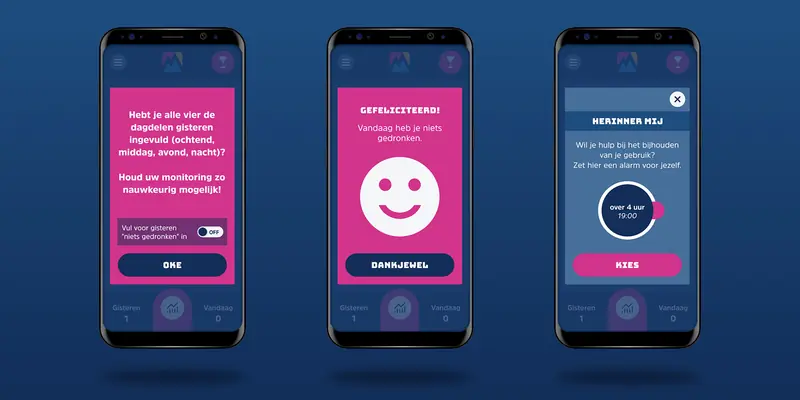 Three app pop-up screens: a reminder to accurately log all parts of the previous day, a pink congratulations screen with a smiley face for not drinking today, and a “HERINNER MIJ” window to set an alarm reminder for logging usage.