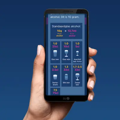 An informational screen within the app detailing alcohol measurements, titled “Standaardglas alcohol: 10g = 12.7ml pure alcohol”. Below the title is an illustrative grid displaying standard units and measurements for different drink types, including beer, wine, aperitifs, and spirits.
