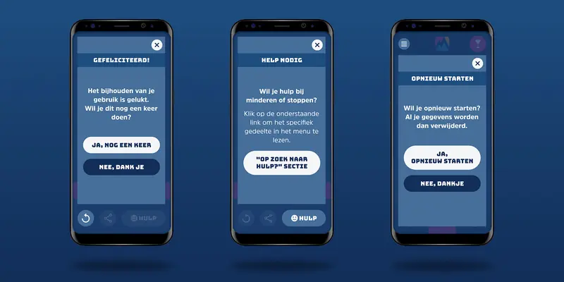 Three smartphone mockups side-by-side displaying concluding app modals: a congratulations window asking to start a new tracking cycle, a help window with a button link reading “OP ZOEK NAAR HULP?”, and a reset confirmation screen warning that all data will be deleted.