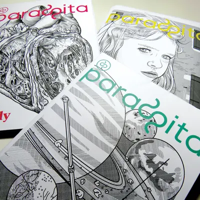 Three copies of “Parasita” magazine arranged together on a surface. Each issue features a unique black and white cover illustration, a human heart with pink text, a young girl’s portrait with yellow text, and a planetary space scene with teal text.