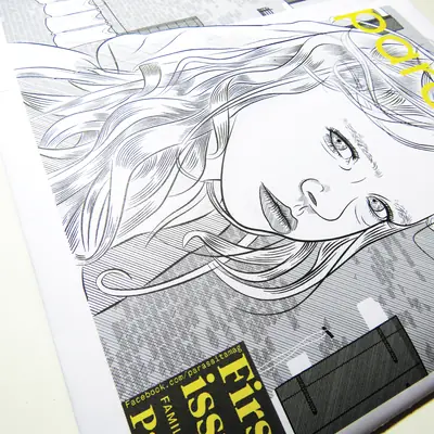A close-up view of a magazine cover featuring a black and white line-art portrait of a young girl with wavy hair. The yellow title “parasita” is visible at the top right, and a black box with yellow text sits at the bottom.