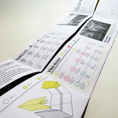 A fully unfolded, multi-panel editorial layout showcasing infographics. It features linear “Index set” and “This issue” timelines with numbered circular icons, graphic diagrams of a folding box, and small black and white photographs.