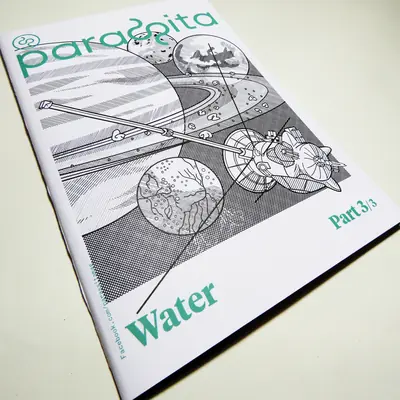 Cover of Parassita magazine, Part 3/3, titled “Water,” featuring a detailed black-and-white ink illustration of Saturn, a planetary surface, and a complex space probe.