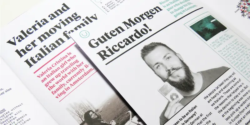 Open magazine spread showing an article titled “Valeria and her moving Italian family” and an overlapping page titled “Guten Morgen Riccardo!” featuring a portrait of a bearded man holding an iPod.