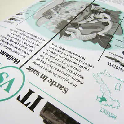 Upside-down infographic layout comparing Venetian “Sarde in saor” and Dutch herring dishes, featuring description paragraphs, a regional map of Italy, and an illustration of a fish salad.