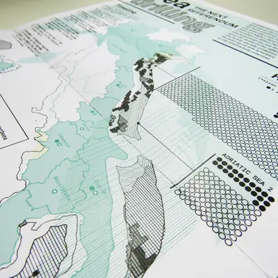 Detailed infographic map of Southern Italy and the Adriatic Sea, showing offshore hydrocarbon extraction zones marked with gridded patterns and data visualisation dots.