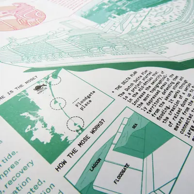 Infographic page featuring a large technical line drawing of a cruise ship, a map of the Venetian lagoon marking floodgate locations, and a diagram explaining how the Mose barrier works.