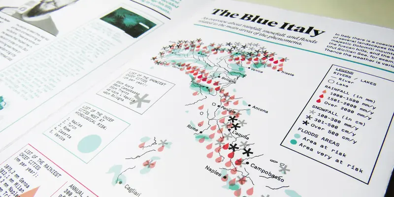 An open infographic page titled “The Blue Italy” that maps out national weather phenomena. The page features a minimalist outline of Italy overlaid with red rain droplets, gray snow asterisks, and teal flood zones, accompanied by a detailed data legend on the right.