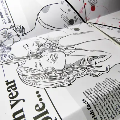 An angled look into the folds of an open infographic poster. The center features a prominent black-and-white ink illustration of two laughing women, surrounded by text columns detailing global facts and legal milestones.
