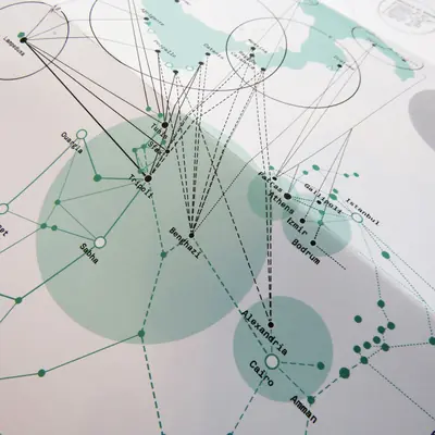 A detailed view of a migration map infographic showing the Mediterranean Sea. Teal circular hubs mark North African cities like Tripoli and Benghazi, with a dense web of connecting lines radiating northward toward Italian coastal arrival points.