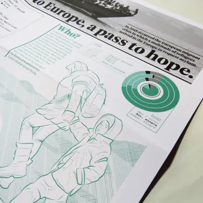 An infographic panel titled “Europe, a pass to hope” regarding the 2015 migrant crisis. It features a green line drawing of one person helping another, a concentric green demographic ring chart, and a descriptive text column labeled “Who?”.