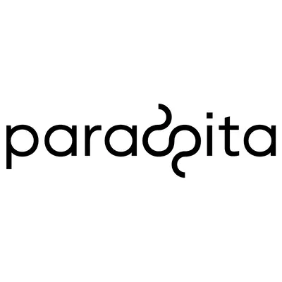 A minimalist black logo of the word “parasita” on a white background. The logo uses a clean, lowercase sans-serif typeface, with the letters “s” and “i” uniquely replaced by a continuous, looping vertical S-curve line.