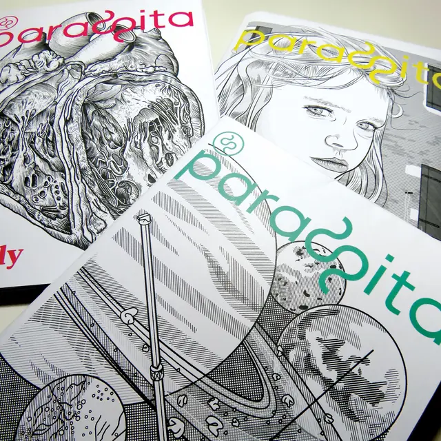 Three copies of “Parasita” magazine arranged together on a surface. Each issue features a unique black and white cover illustration, a human heart with pink text, a young girl’s portrait with yellow text, and a planetary space scene with teal text.