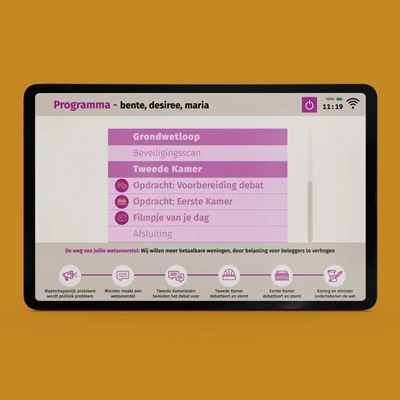 Tablet screen displaying the structure of the activity and tasks to complete, with headings and icons in purple on an orange background.