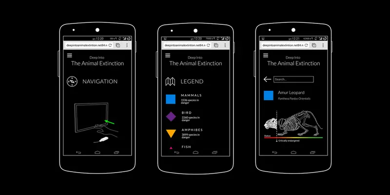 Three Android smartphone screens showing the Deep into the Animal Extinction companion app: the first displays a navigation instruction with a hand gesture diagram, the second shows the species legend (Mammals, Birds, Amphibes, Fish), and the third shows a species detail page for the Amur Leopard marked as critically endangered.