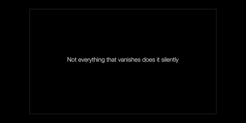 Black screen with a thin white border and the white text “Not everything that vanishes does it silently” centred in the lower third, serving as a title card or intro screen for the sound sonification piece