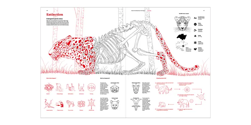 Double-page spread from the Extinction chapter of the Vanishing atlas, dominated by a large red-and-black illustration of an Amur Leopard with its skeleton visible, alongside an identikit data panel, cause-of-extinction icons, case studies of extinct species, and a mammoth cloning diagram.
