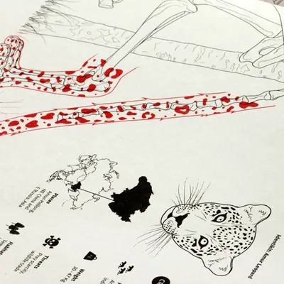 Close-up of the printed Extinction atlas spread, showing red-spotted leopard fur and skeletal illustration detail, with a small world map, Amur Leopard identikit portrait, and data labels for places, habitats, threats, and weight.