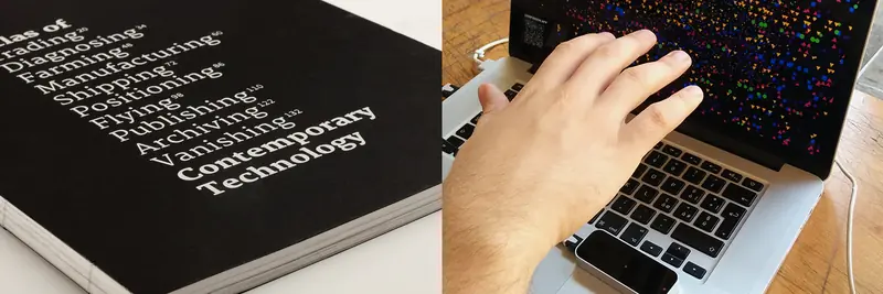 Two-panel image: the Vanishing atlas black hardcover with its chapter index in white diagonal text, alongside a hand over a MacBook keyboard displaying the colourful 3D animal extinction data visualisation.